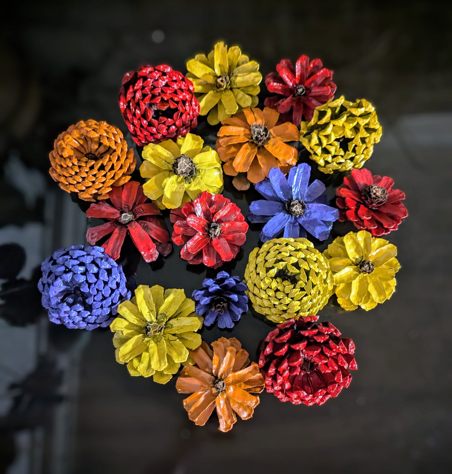 Custom wreath with spray painted flower pinecones