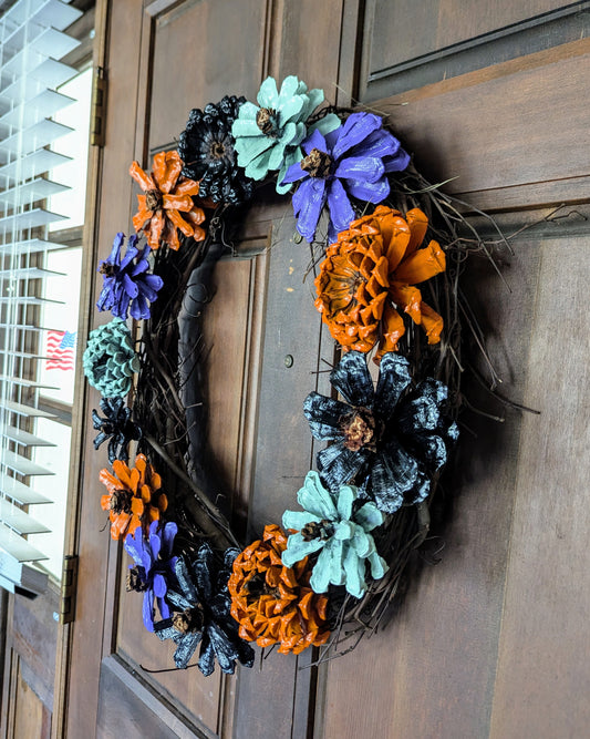 Custom wreath with spray painted flower pinecones