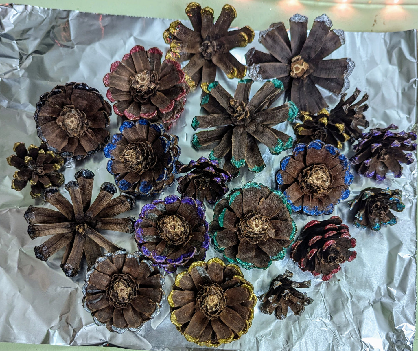 Glitter painted cut flower pinecones set of 6